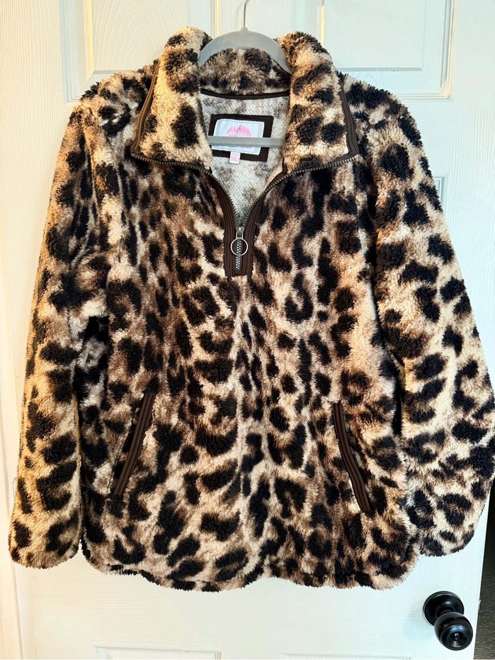 Leopard-Print Quarter-Zip Teddy Jacket - Brown
